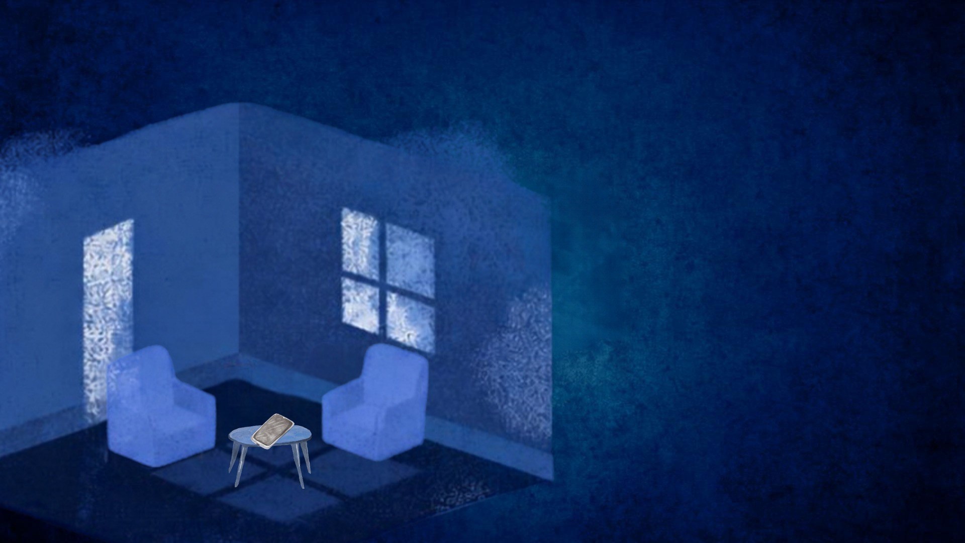 Illustration of an empty therapy room at night, two armchairs facing each other and a phone left on the side table.